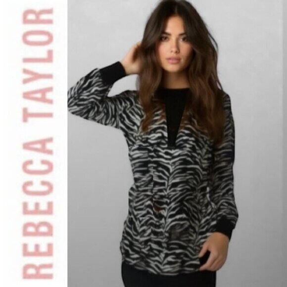 Rebecca Taylor Blouse Black White Silk Zebra Print Long Sleeve Crewneck - Picture 1 of 16